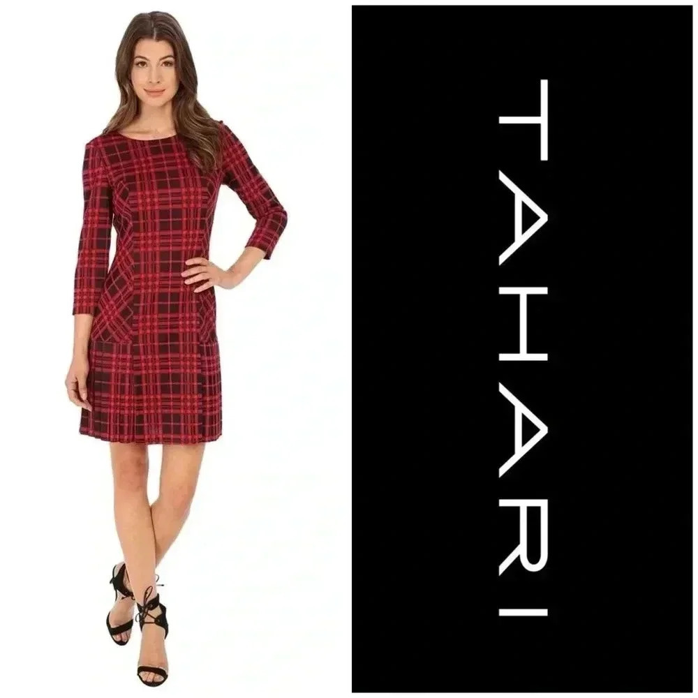 Tahari ASL Levine Red Plaid 3/4 Sleeve Pleated Hem Drop Waist Dress